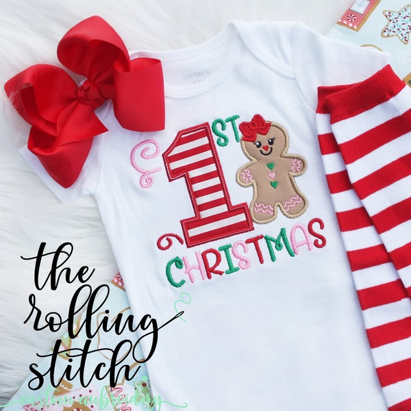 My 1st Christmas - Girls Applique Gingerbread First Christmas Shirt or Bodysuit, Hair Bow, Leg Warmers