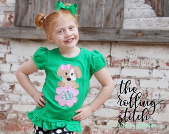 Personalized St. Patrick's Day Puppy - Girls Green Ruffle St. Patrick's Day Shirt, Hair Bow, Pants