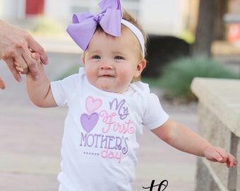 My 1st Mother's Day - Girls Pink & Lavender Heart Embroidered First Mother's Day Shirt or Bodysuit with add on Leg Warmers and Hair Bow