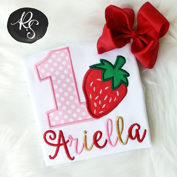 Strawberry Birthday - Any Age! Girls Embroidered Strawberry Birthday Shirt & Matching Hair Bow