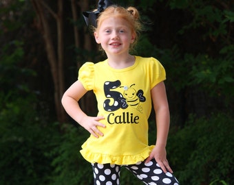 Any Age! Personalized Bumble Bee Birthday Outfit- Girls Yellow Ruffle Bumble Bee Birthday Shirt with add on Polka dot Pants and Hair bow