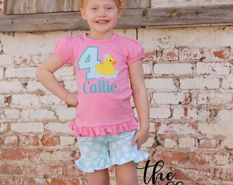 Any Age! Personalized Duck Birthday Outfit- Girls Pink Ruffle Duck Birthday Shirt, Hair Bow, Shorts