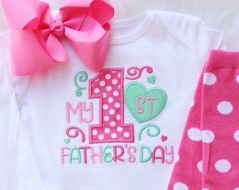 My First Father's Day - Girls Heart Embroidered Father's Day Shirt, Hair Bow, Leg Warmers