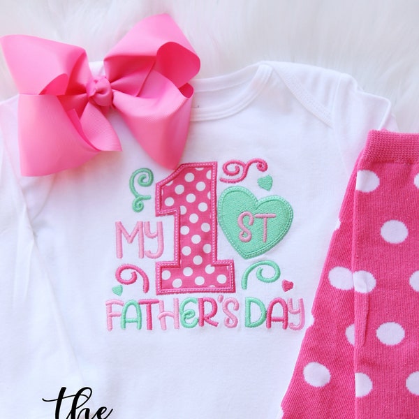 My First Father's Day - Girls Heart Embroidered Father's Day Shirt, Hair Bow, Leg Warmers