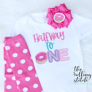 Halfway to One - Girls Applique Girls Donut Half Birthday Shirt & Matching Hair Bow Set for 1/2 Birthday