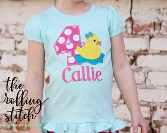 Any Age! Personalized Duck Birthday Outfit- Girls Blue Ruffle Duck Birthday Shirt, Hair Bow, Pants