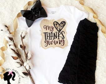 My 1st Thanksgiving - Girls Leopard Applique First Thanksgiving Shirt or Bodysuit with Add on Hair Bow and Leg Warmers