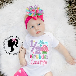 It's my 1/2 Birthday - Girls Personalized Cupcake Half Birthday Embroidered White Shirt, Hair Bow, Leg Warmers