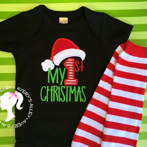 My 1st Christmas Boys Applique First Christmas Red Stripe Black Shirt or Bodysuit with Add on Leg Warmers image 2