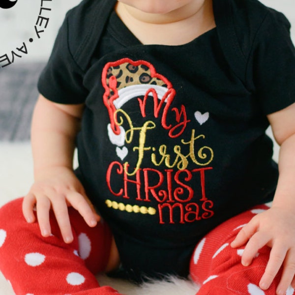 My First Christmas - Girls Leopard Applique 1st Christmas Shirt or Bodysuit & Matching Hair Bow Set with Add on Leg Warmers