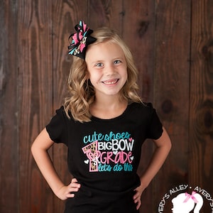 ANY GRADE!  - Cute Shoes Big Bow 1st Grade Let&#39;s do this - Girls Black Leopard Embroidered Shirt & Matching Hair Bow Set for Back to School