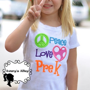 Peace Love PreK Any Grade Girls Back to School Applique Shirt & XL Matching Hair Bow Set with Puff image 1