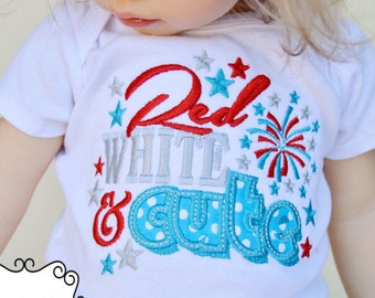 Red White and Cute - Girls 4th of July Aqua Polka dot Applique Shirt or Bodysuit, Hair Bow, Leg Warmers