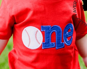 Baseball ONE- Boys Red Applique 1st Birthday Baseball Shirt or Bodysuit