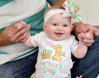 My 1st Father's Day - Girls Metallic Gold Crown Applique First Fathers Day Shirt or Bodysuit & Matching Hair Bow