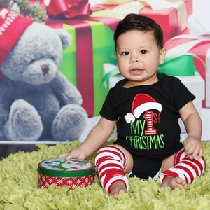 My 1st Christmas Boys Applique First Christmas Red Stripe Black Shirt or Bodysuit with Add on Leg Warmers image 1