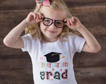 Kindergarten GRAD- Any Grade! - Girls White Applique Kindergarten Graduation Shirt & Matching Hair Bow for Kindergarten Graduation