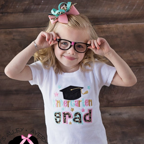 Kindergarten GRAD- Any Grade! - Girls White Applique Kindergarten Graduation Shirt & Matching Hair Bow for Kindergarten Graduation