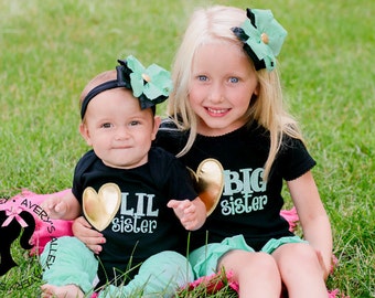 Big Sister or Lil Sister Aquamarine & Gold Black Bodysuit or Shirt, Hair Bow, Leg Warmers