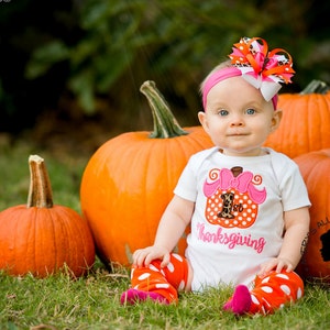 Polka Dot Pumpkin 1st Thanksgiving Girls Embroidered Shirt or Bodysuit & Matching Hair Bow Set for First Thanksgiving image 1