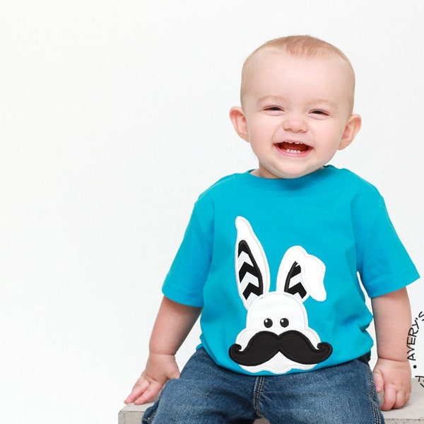 Chevron Mustache Bunny - Boys Applique Turquoise Blue Easter Bunny Shirt or Bodysuit