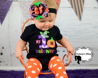 My 1st Halloween - Girls Applique Black Shirt or Bodysuit and Matching Hair Bow Set for First Halloween