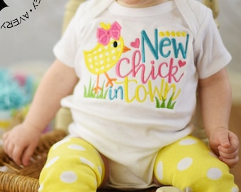 New Chick in Town - Girls Embroidered Easter Shirt or Bodysuit, Matching Hair Bow, Leg Warmers