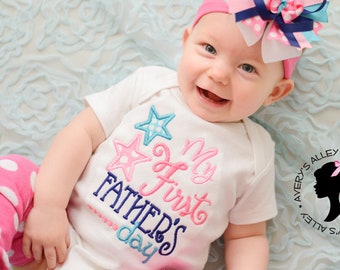 My First Father's Day - Girls Embroidered Father's Day Shirt, Matching Hair Bow, Leg Warmers