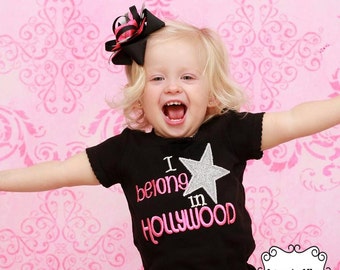 I belong in Hollywood - Girls Glitter Applique Black Shirt or Bodysuit and Matching Hair Bow