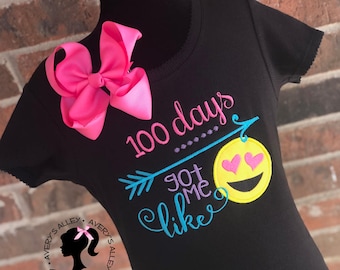 100 Days of school got me like - Girls Black Applique 100th Day of School Emoji Shirt & Matching Hair Bow