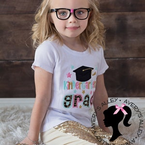 Kindergarten GRAD Any Grade Girls White Applique Kindergarten Graduation Shirt & Matching Hair Bow for Kindergarten Graduation image 4