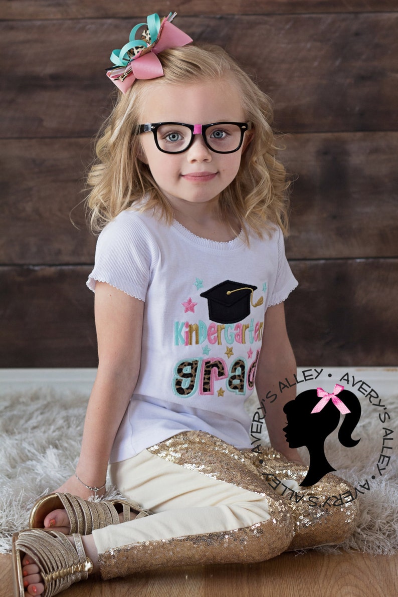 Kindergarten GRAD Any Grade Girls White Applique Kindergarten Graduation Shirt & Matching Hair Bow for Kindergarten Graduation image 4