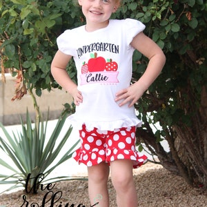 Any Grade! Personalized Kindergarten with Apples - Girls Back to School Ruffle Shirt with add on hair bow and polka dot shorts