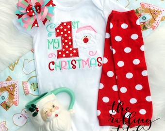 My 1st Christmas - Girls Pink Santa Claus Embroidered First Christmas Shirt or Bodysuit, Hair Bow, Leg Warmers