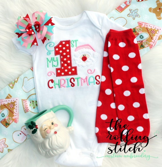 My 1st Christmas Girls Pink Santa Claus Applique First Christmas Shirt or Bodysuit Matching Hair Bow Set with Add on Leg Warmers