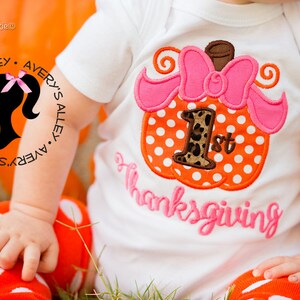 Polka Dot Pumpkin 1st Thanksgiving Girls Embroidered Shirt or Bodysuit & Matching Hair Bow Set for First Thanksgiving image 3