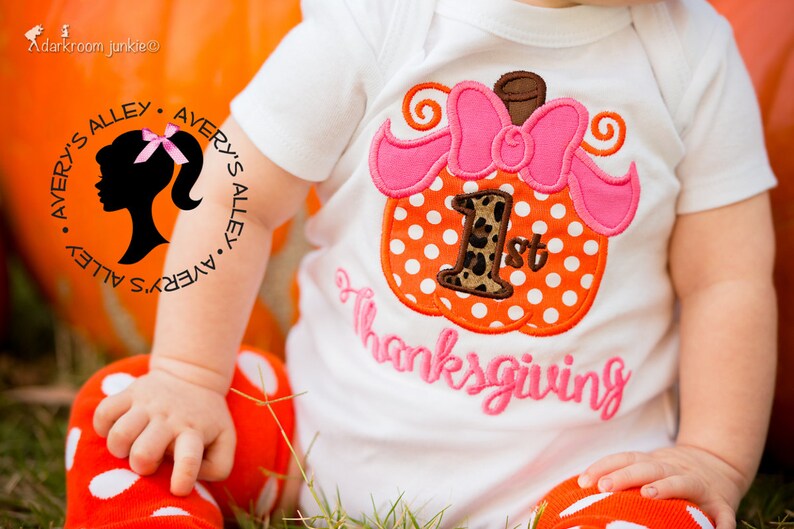 Polka Dot Pumpkin 1st Thanksgiving Girls Embroidered Shirt or Bodysuit & Matching Hair Bow Set for First Thanksgiving image 3