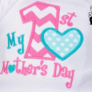 My 1st Mother's Day Girls Hot Pink Chevron Applique First Mothers Day Shirt or Bodysuit & Matching Hair Bow image 3