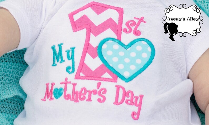 My 1st Mother's Day Girls Hot Pink Chevron Applique First Mothers Day Shirt or Bodysuit & Matching Hair Bow image 3