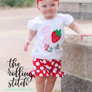 Strawberry Birthday - Any Age! Girls Embroidered Strawberry Birthday Shirt with Add on Hair Bow and Shorts