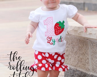 Strawberry Birthday - Any Age! Girls Embroidered Strawberry Birthday Shirt with Add on Hair Bow and Shorts