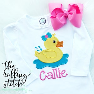 Personalize Rubber Duck - Girls Embroidered White Shirt & Matching Hair Bow Set Duck Birthday
