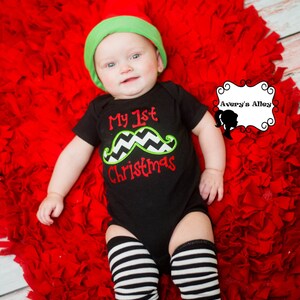 Boys My 1st Christmas Boys Applique First Christmas Chevron Mustache Shirt or Bodysuit with Add on Leg Warmers image 2