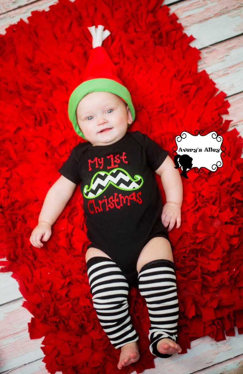 Boys My 1st Christmas Boys Applique First Christmas Chevron Mustache Shirt or Bodysuit with Add on Leg Warmers image 2