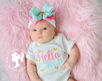 Hello World - Girls Embroidered Shirt & Matching hair bow set