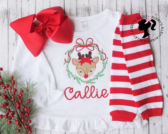 Personalized Deer in Wreath - Girls White Ruffle Long Sleeve Christmas Shirt & Matching Hair Bow Set Christmas Outfit