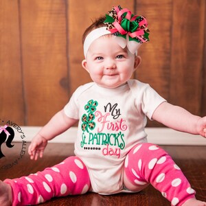 My First St. Patrick&#39;s Day - Girls Leopard Embroidered 1st St Patrick&#39;s Day Shirt, Matching Hair Bow, Leg Warmers