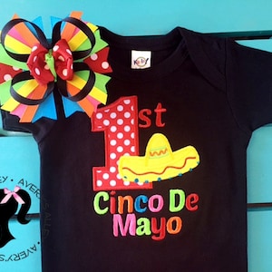 1st Cinco De Mayo - Girls Embroidered First Cinco De Mayo Shirt or Bodysuit & Matching Hair Bow
