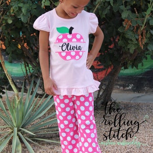 Personalized Girls Pink Polka dot Apple Back to School Outfit Girls Back to School Apple Shirt with add on Polka dot Pants and Hair bow image 2