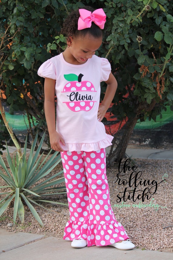 Personalized Girls Pink Polka Dot Apple Back to School Outfit